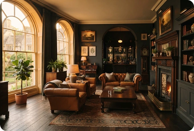 A warm, traditional lounge with leather armchairs, arched windows and a fireplace