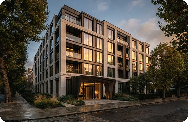 A modern apartment building at dusk with warm lit windows