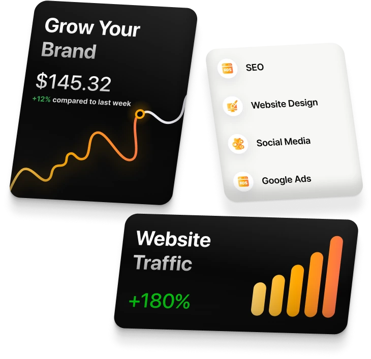 Illustration of marketing dashboards showing brand growth, services and website traffic