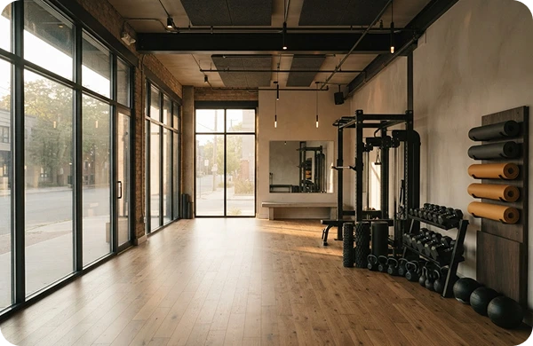 A bright gym with floor-to-ceiling windows, weights and yoga mats